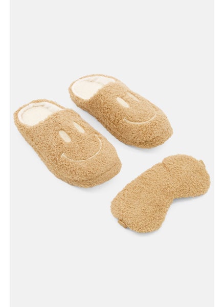 Buy Women Embroidered Slip On Slippers With Eye Mask, Brown in Saudi Arabia