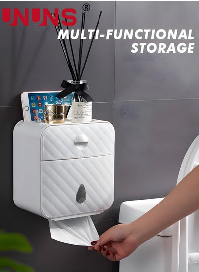 Buy Toilet Paper Holder Tissue Box Shelf, Wall Mounted Double Waterproof Tissue Box with Drawer, Large Heavy Duty Toilet Paper Roll Storage Dispenser for Kitchen Bathroom Washroom White in Saudi Arabia