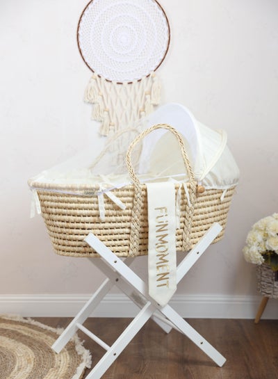 Buy Moses Basket Cradle with Foldable Wooden Stand White Color in Saudi Arabia