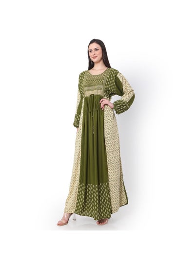 Buy EMBROIDERED LONG VISCOSE GREEN COLOUR PRINTED ARABIC JALABIYA DRESS in UAE