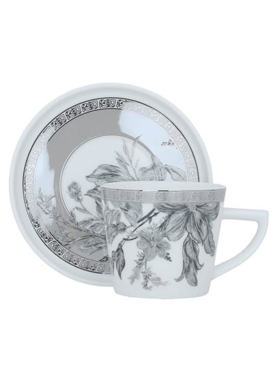 Buy White Porcelain Coffee Cups Set Silver Floral Pattern with Saucer 12 Pieces in Saudi Arabia