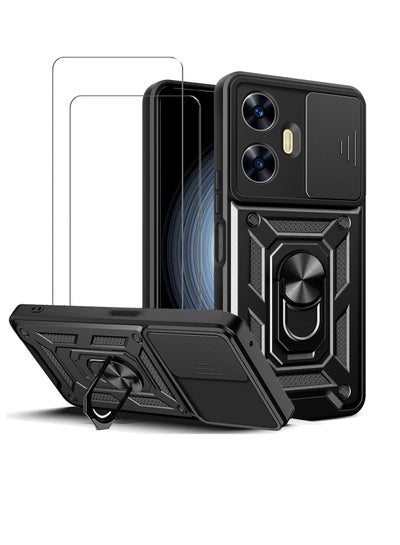 Buy [1+2] Case for Realme C55 with 2 Pcs Tempered Glass Screen Protector, Slide Camera Protection and Metal Kickstand Cover, Military Heavy Duty Shockproof Phone Case for Realme C55 (Realme C55, Black) in Saudi Arabia