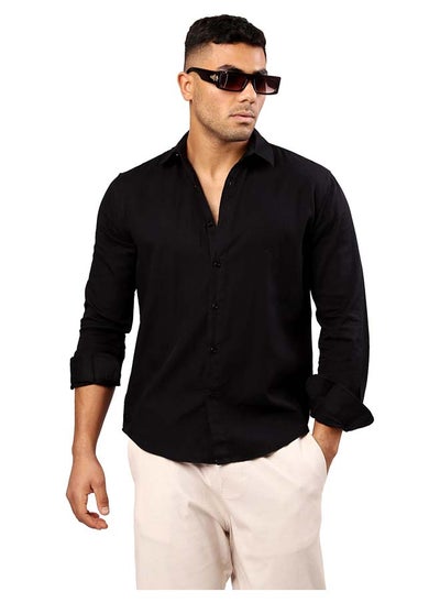 Buy Solid Black Cotton Shirt with Buttoned Cuffs in Egypt