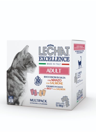 Buy Lechat Excellence by Monge | Cat Wet Food | Chunkies in Pouch | Super Premium Complementary Wet Cat Food | Multipack Beef & Salmon - 12x100g in UAE