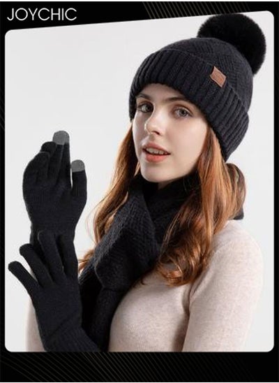 Buy Korean Version Winter Beanie Scarf Set for Women Outdoor Windproof Warm Hat+Scarf+Glove Black in UAE