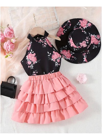 Buy 2pcs Trendy Elegant Girls Flower Graphic Set,Sleeveless Halter Neck Top + Layered Skirt With Hat Set, For Summer Gift in UAE