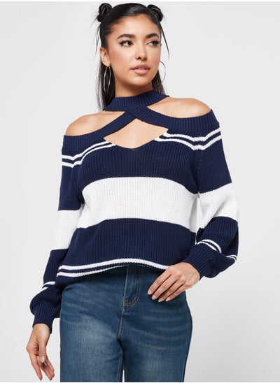 Buy Cold Shoulder Stripe Sweater in UAE