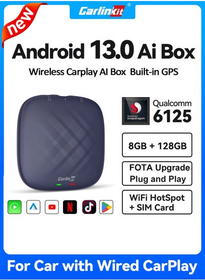 Buy CarlinKit 2024 NEW CarPlay Ai Box Qualcomm QCM6125 8-Core CPU Android 13 Wireless Carplay Android auto GPS For Wired CarPlay Car in Saudi Arabia