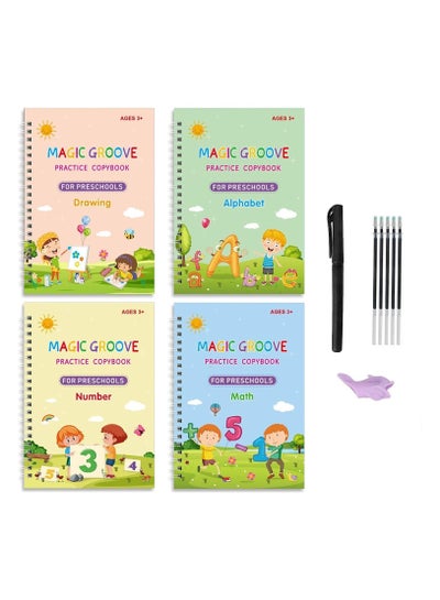 5 Pc Grooved Handwriting Practice for Kids,Repeatedly Magic Calligraphy  Book Set,Groovd Kids Writing Books with Pens & Aid Pen Grips (5 Books+Pens)