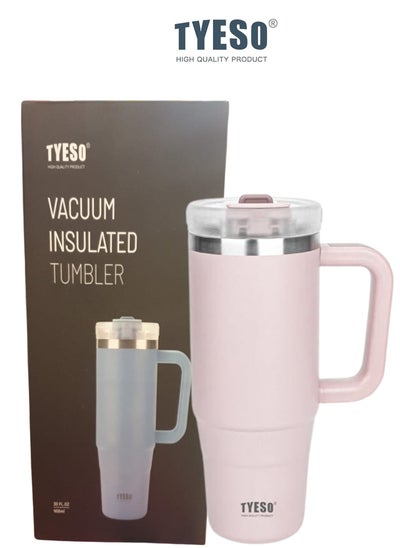 Buy Tyeso 30 oz Tumbler with Handle, Straw and Lid Leak Resistant Insulated Stainless Steel Water Bottle, Car Cup Holder Friendly Travel Coffee Mug ( Light Pink ) in UAE