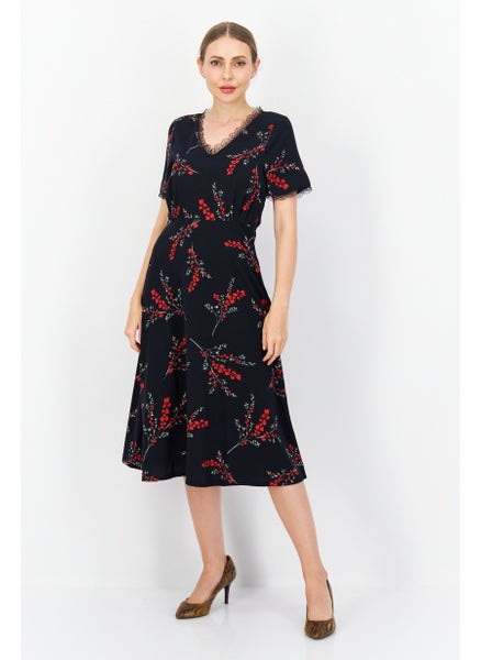 اشتري Women Floral Print Casual Midi Dress, Navy Combo في الامارات