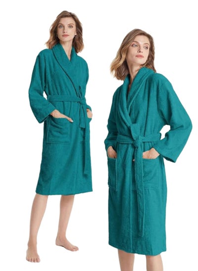 Buy 2 Pieces Peacock Green Colour Unisex Hotel Spa Terry  Bathrobe Medium Size 100% Cotton Dressing  Bathrobe Medium Size Nightwear in UAE