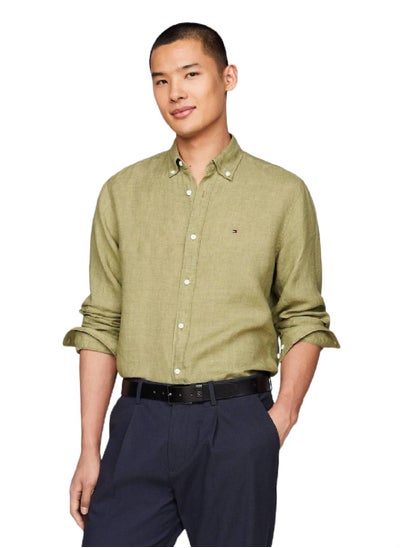 Buy Men's Pigment Dyed Linen Regular Fit Shirt -  Pure linen, Green in UAE