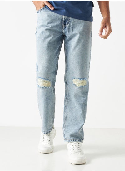 Buy Light Wash Straight Fit Ripped Jeans in Saudi Arabia