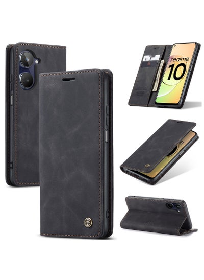 Buy CaseMe Realme 10 4G Wallet Case Book Folding Flip Folio Case with Magnetic Kickstand Card Slots Protective Cover - Black in Egypt