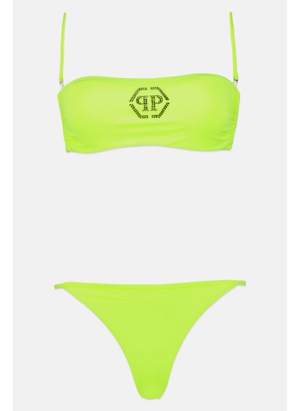 Buy Women 2 Pieces Embellished Padded Bikini Top And Bottom Set, Lime Green/Black in UAE