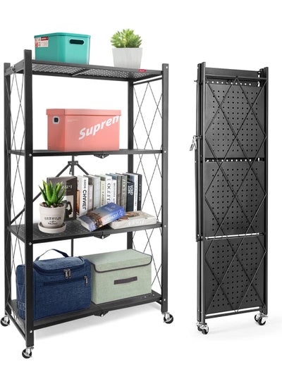 Buy 4-Shelf Foldable Storage Shelves with Wheels Large Capacity Shelving Unit Freestanding Metal Wire Shelf Rack No Assembly Organizer Rack for Garage Kitchen Basement Pantry Heavy Duty in UAE