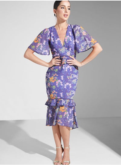 Buy Plunge Neck  Floral Print Dress in UAE