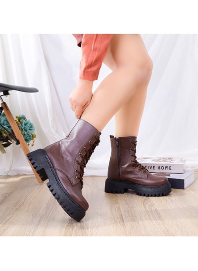 اشتري Ankle Boot Leather Mid Heels With Rope E-95 - Brown في مصر