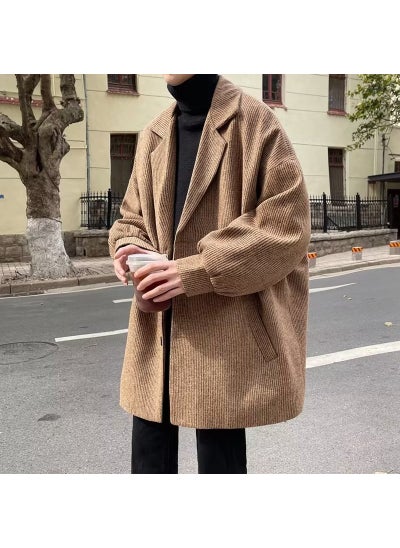 Buy Japanese Corduroy Woolen Coat Men Casual Oversized Autumn Winter Jacket Khaki in Saudi Arabia