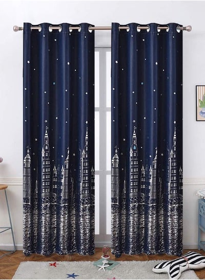 Buy 2-Piece Castle Printed Blackout Curtain Navy Blue 100 x 250centimeter in UAE