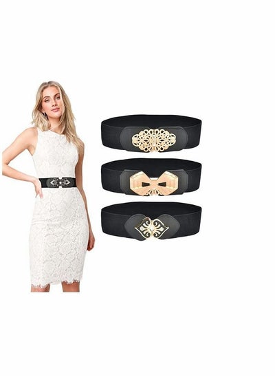 Buy Women Stretchy Vintage Belt, 3PCS Women's Leather Belt For Jeans, Dresses, Pants Wide Elastic Waist for Women, Evening Dress Shape Curve, Beautiful Elegant (Black and Gold) in UAE