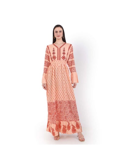 Buy EMBROIDERED AND PRINTED WITH BELT LONG VISCOSE ARABIC JALABIYA DRESS in UAE