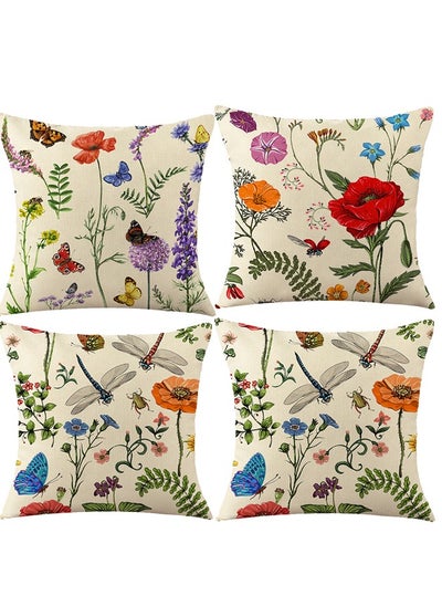 Buy Decorative Throw Pillow Covers 18x18 inches Set of 4 dragonfly Butterfly and Plant Cushion Covers Boho Linen Square Throw Pillow Cases for Living Room Sofa Couch Bed Pillow Cases in Saudi Arabia