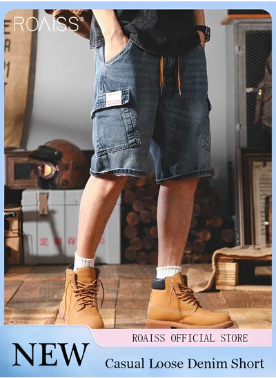 Buy Men's Casual Multi Pocket Work Clothes Denim Shorts Elastic Waist Design With Buckle Up Five Point Wide Leg Pants Fashionable And Versatile Durable Shorts in Saudi Arabia