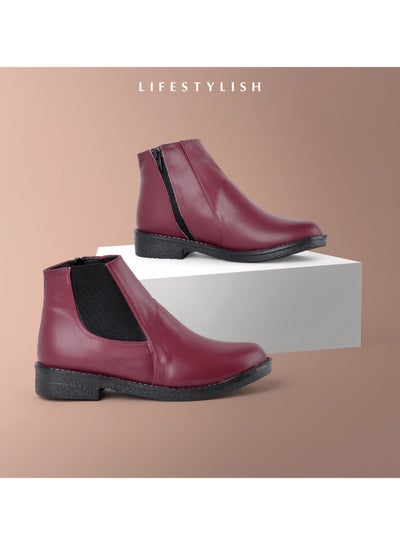 Buy G-47 Ankle boot flat leather Elastic and zip - Maroon in Egypt