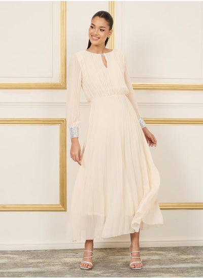 اشتري Sequin Cuffed Sleeves Pleated A-Line Maxi Dress في السعودية