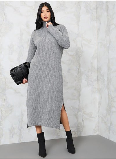 Buy Solid Half Zip Knit Sweater Midi Dress in Saudi Arabia