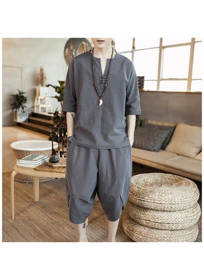 اشتري Mens Cotton Linen Tang Suit Ethnic Hanfu Retro Set Dark gray في الامارات