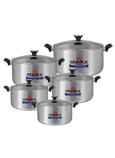 اشتري Sonex Premium Aluminium Cookware Set 5 Pcs with Glass Lid and Ergonomic Bakelite Cool Handle –  Sleek Metal Finish, Durable, Dishwasher Safe, Compact & Stackable Design, 18-26 cm (2.5 Ltr to 6 Ltr) في الامارات