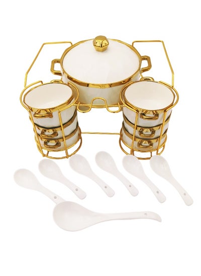 Buy Luxurious Ceramic 15-Piece Soup Serving Set with 6 Handled Bowls, Gold Stand, Serving Bowl & Spoons – Stylish Hotpot Home Decor Kitchen Utensils for Ramen, Pasta, and Gravy (White and Gold) in UAE