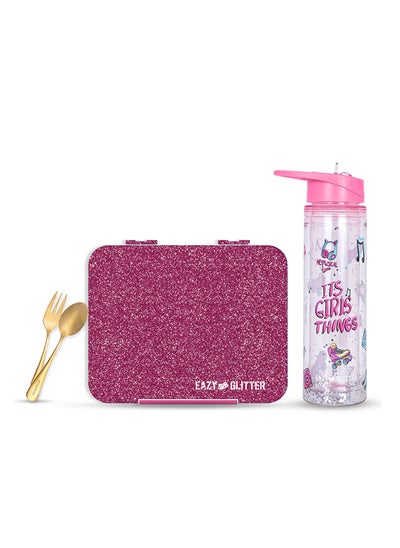 Buy 6 And 4 Convertible Bento Lunch Box with 550ml Double Wall Water Bottle and Spoon Fork Set - Glitter Pink in UAE