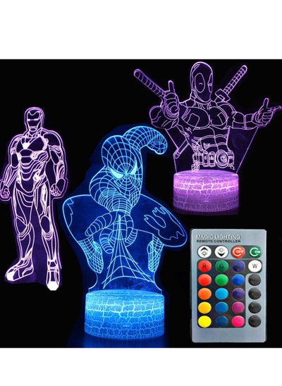 اشتري New LED 3D Night Light 16 Colors Kids Night Lights Auto Change Switch Touch Switch Desk Decoration Lights Birthday Gift Remote Control Spiderman Ironman Deadpool Color Super Hero Three Pattern في الامارات