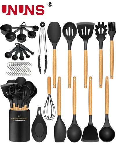 Buy Kitchen Utensils Set,34pcs Non-Stick Silicone Cooking Utensils Set,Heat-Resistant Silicone,Wooden Utensils For Cooking,Kitchen Gadgets Spatula Set,Apartment Essentials Kitchen Set in UAE