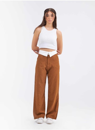 اشتري High-Waist Brown Folded Waistband Wide Leg Trousers في السعودية