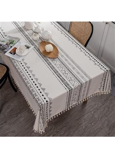 Buy Ethnic Style Cotton Linen Tablecloth with Tassels - Perfect for Party, Camping, Picnic, Kitchen, and Dining Room Decor - 71 X 55 inches - Color Geometry - White in UAE