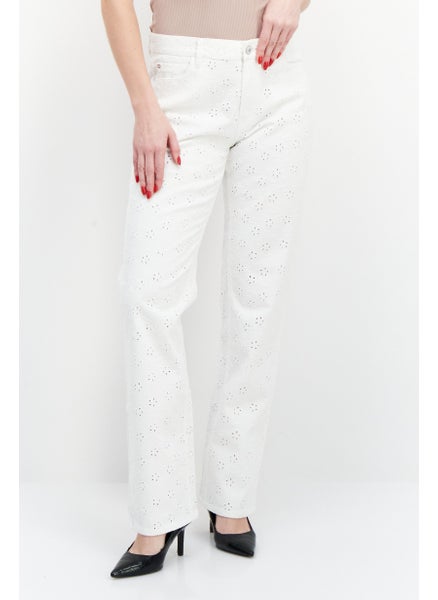 Buy Women Regular Fit High Waist Embroidered Stretchable Denim, White in UAE