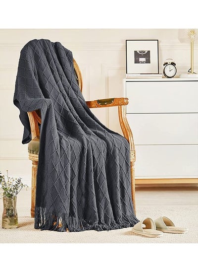 اشتري Soft Cozy Knit Blanket with Tassels for Couch and Bed Dark Grey في الامارات