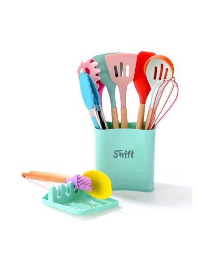 اشتري 13 Pcs Silicone Cooking Utensil Set, Spatulas Nonstick Heat Resistant Cookware Set, Wooden Handle with Storage Bucket Multicolour في الامارات