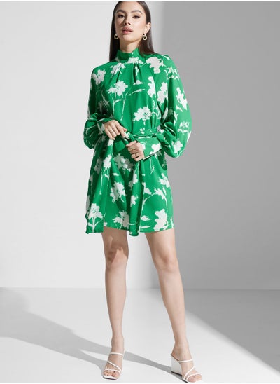 Buy Floral Tie Detail Balloon Sleeve Dress in UAE