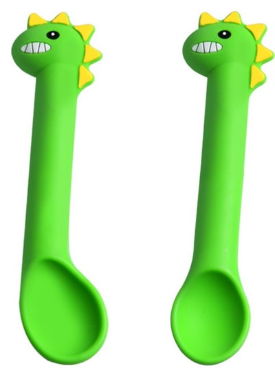 Buy 2 Pcs Cocome Dinosaur Shaped Baby Feeding Training Spoon with Travel Box (Long Green) in Saudi Arabia