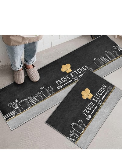 Buy Kitchen Rugs 2 Pcs Set,Kitchen Floor Mat Set,Non-Slip Kitchen Mat and Rugs for Kitchen/Floor Home/Office/Sink/Laundry in UAE