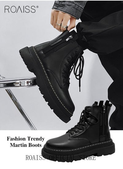 اشتري Men Martin Boots British Style Motorcycle Boots with High Cuts Work Boot Design Side Zipper and Front Lace Decoration في السعودية