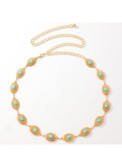 Buy Ladies Hollow Turquoise Metal Waist Chain with Pearl Bohemian BeltGold + Green Gold + Green in UAE