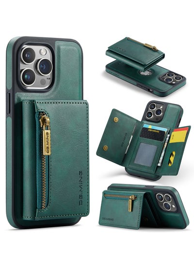 Buy CaseMe Wallet Case for iPhone 14 Pro DGMING Premium Leather Phone Case Back Cover Magnetic Detachable with Trifold Wallet Card Holder Pocket - Green in Egypt