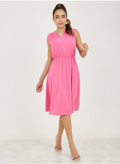 Buy Solid Notch Neck Midi Dress with Tie Belt in Saudi Arabia